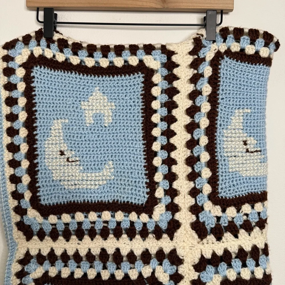 Handmade Granny Square Crochet Baby Blanket Afghan Moon & Stars Blue 40 x 57.5”